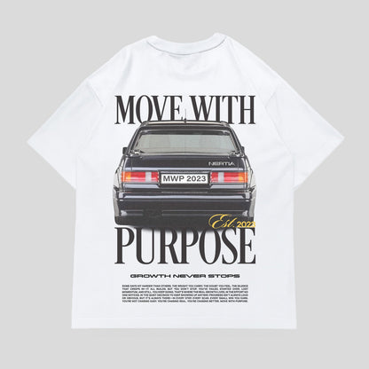 White t-shirt with a graphic of a car and text on a gray background