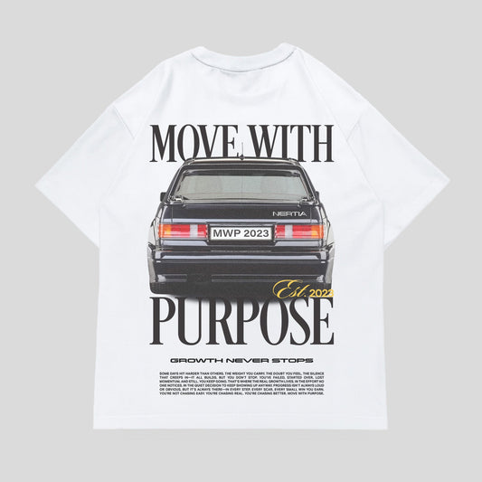 White t-shirt with a graphic of a car and text on a gray background
