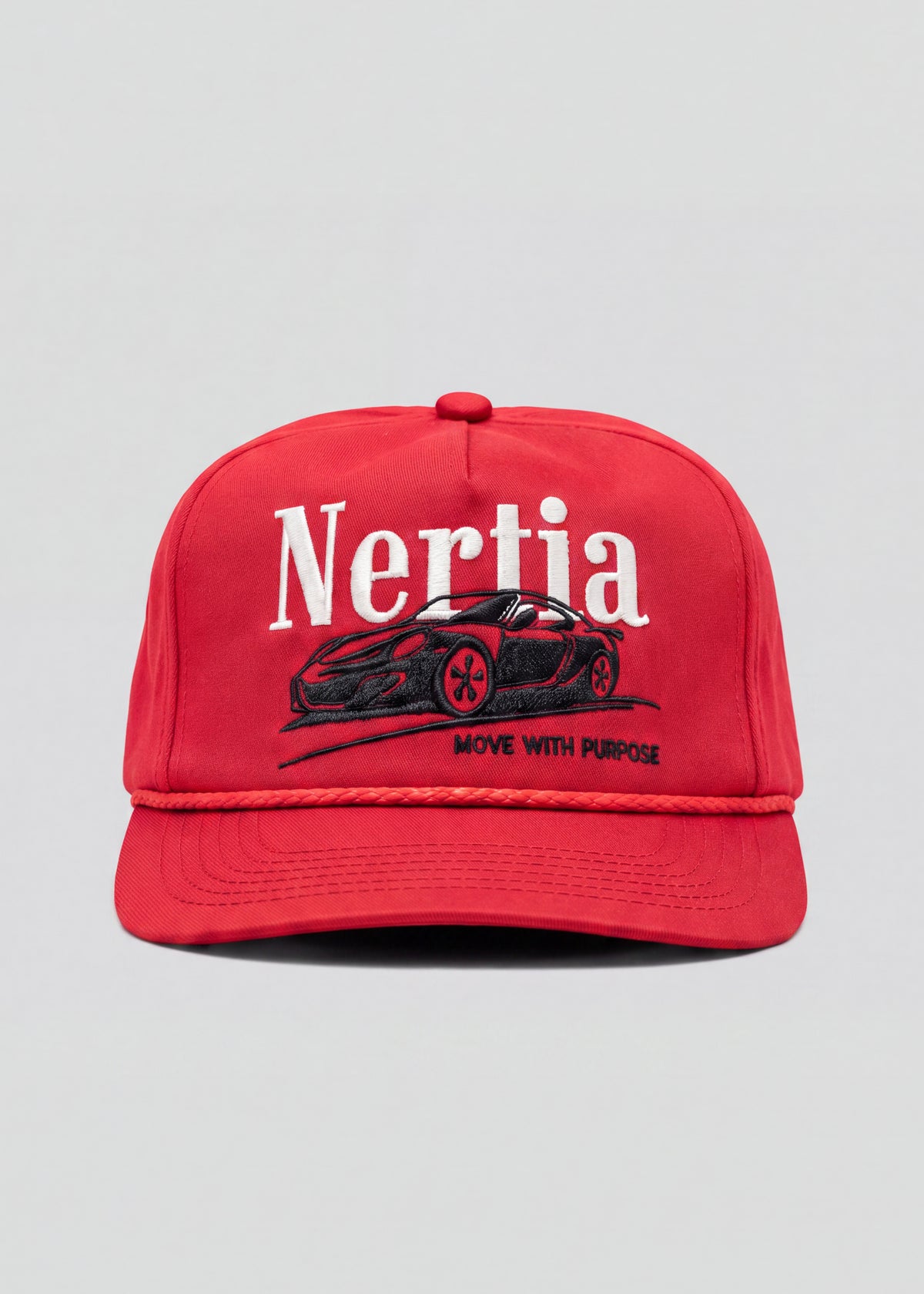 A red baseball cap featuring a black embroidered sports car graphic and the text 'Nertia' in white, with 'MOVE WITH PURPOSE' embroidered below, shown against a light gray background.