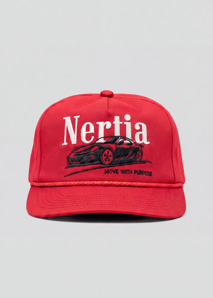 A red baseball cap featuring a black embroidered sports car graphic and the text 'Nertia' in white, with 'MOVE WITH PURPOSE' embroidered below, shown against a light gray background.