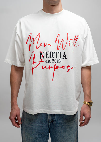 Person wearing a white t-shirt with red and black text on a plain background