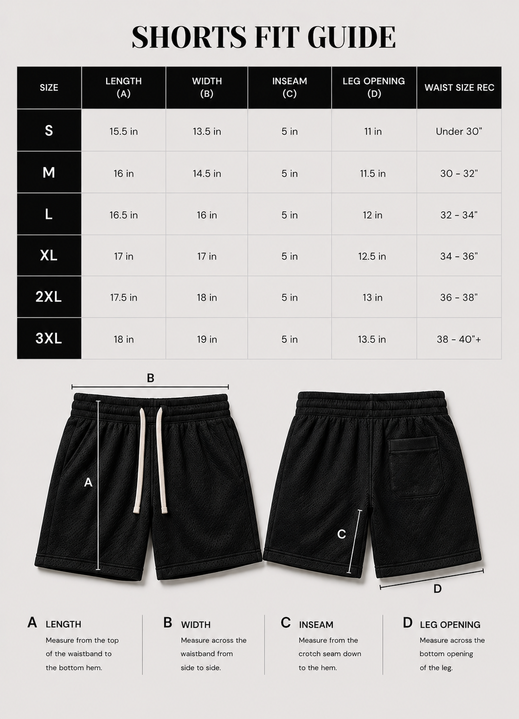 Shorts fit guide with size chart and two pairs of black shorts.