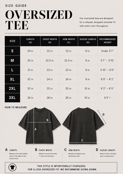 Size guide for oversized tee shirts with measurements and fitting information.