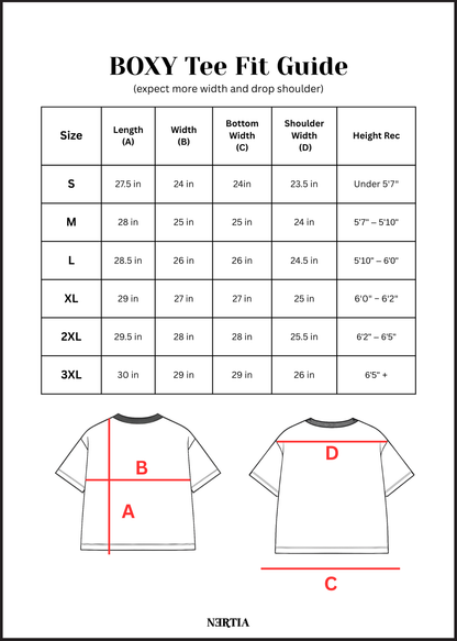 BOXY Tee Fit Guide with size chart and measurements