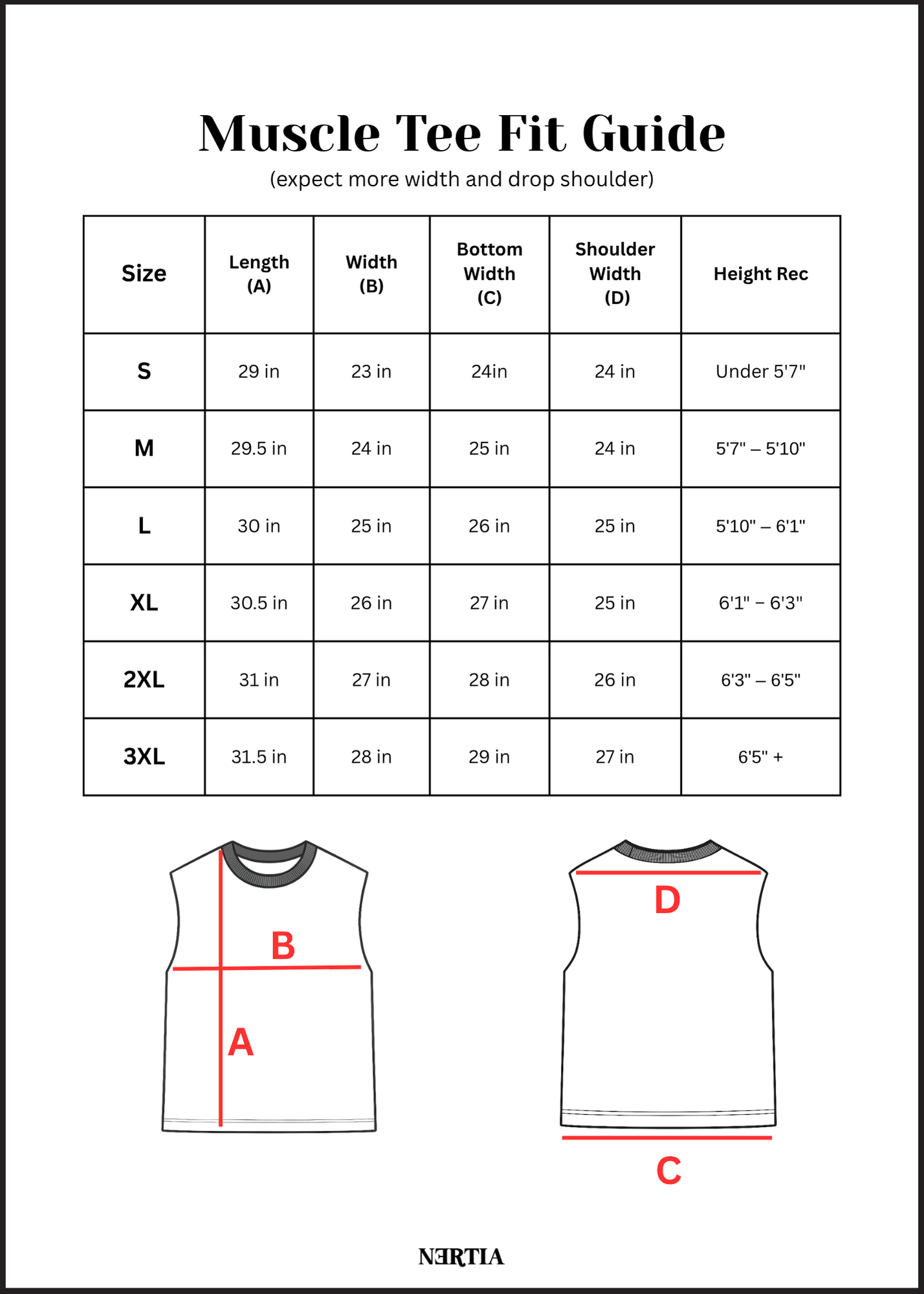 Muscle Tee Fit Guide with measurements for different sizes on a white background