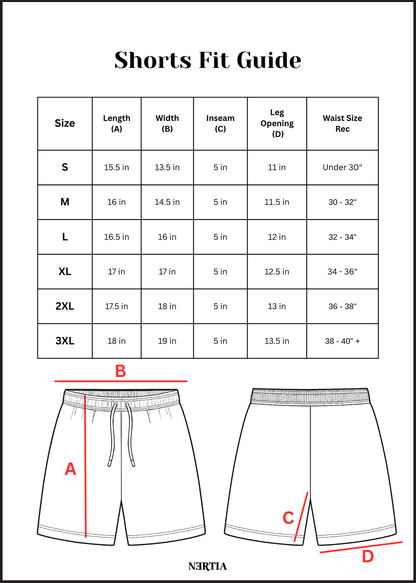 Shorts fit guide with measurements and a diagram of shorts.