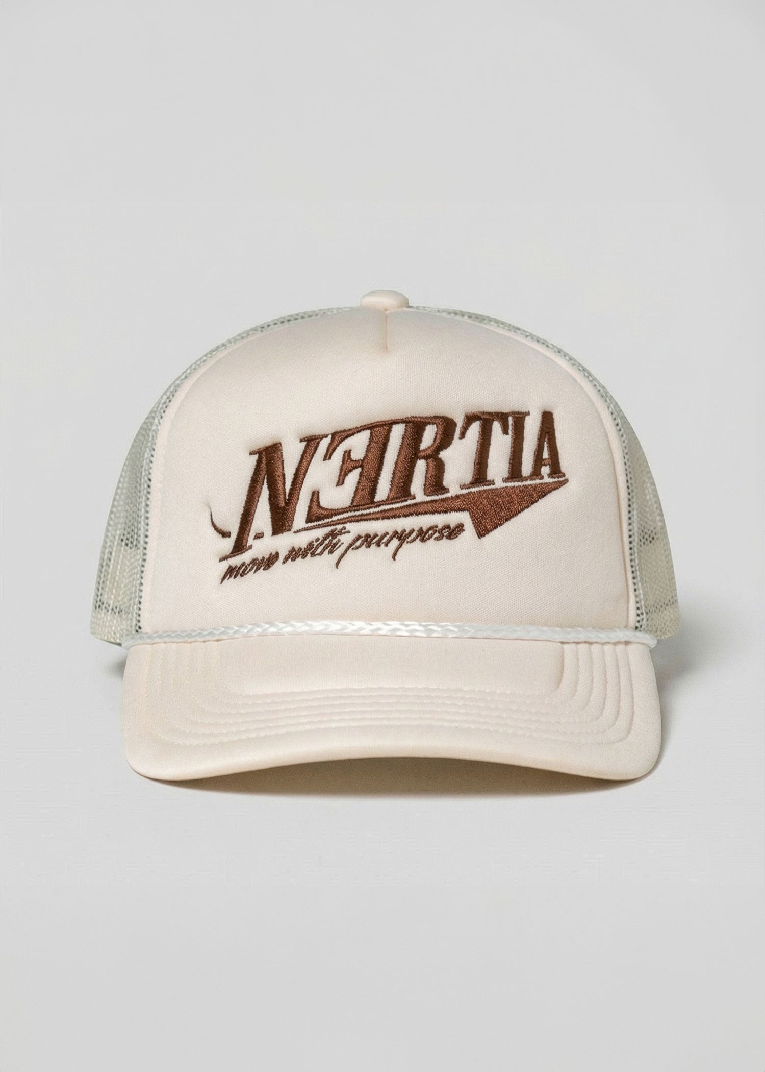 Beige cap with brown logo and text on a light gray background