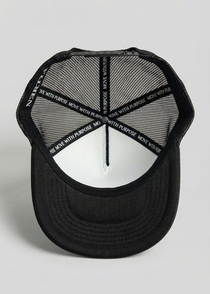 Black cap with mesh back and branding on a light gray background