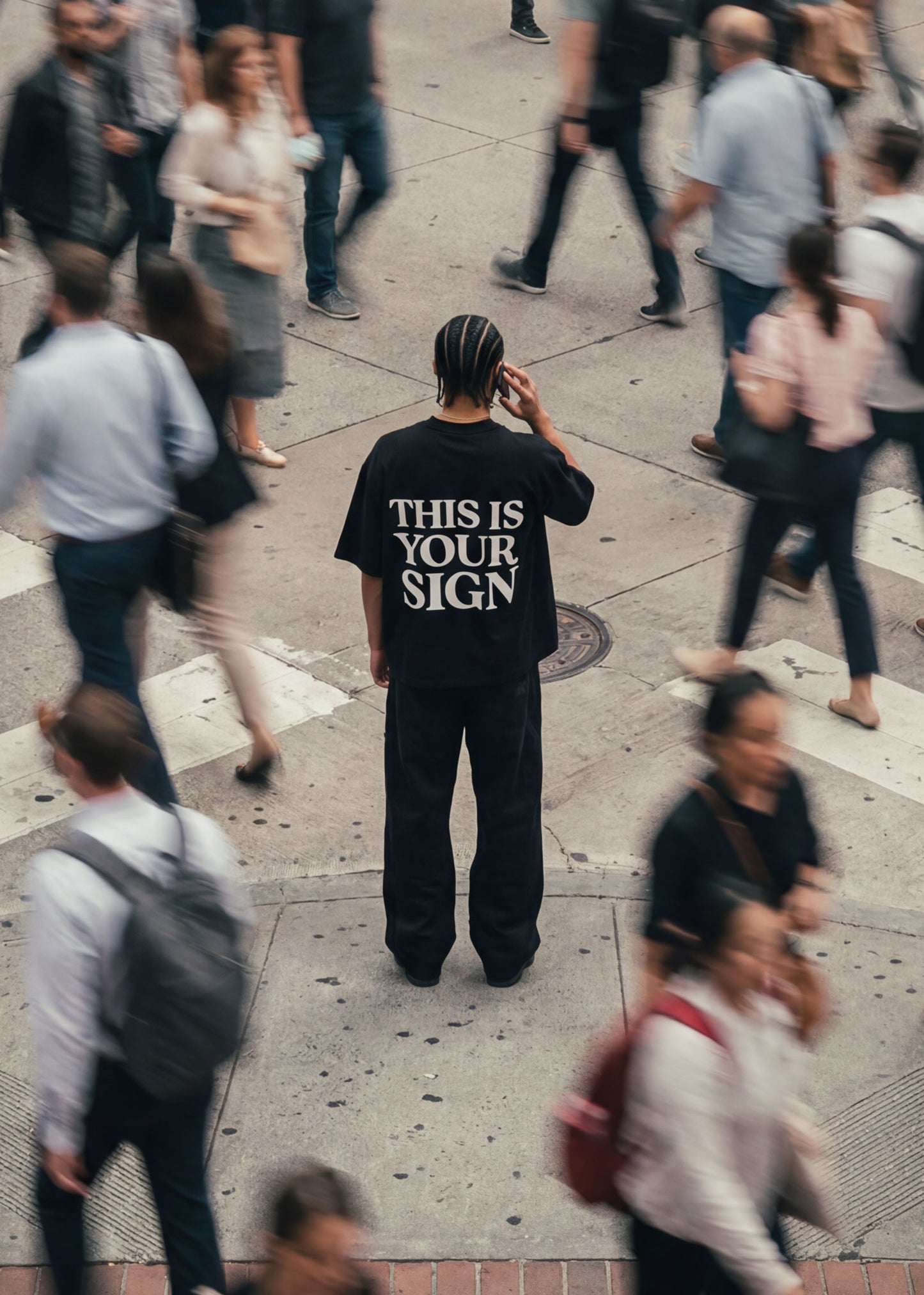 Person wearing a black t-shirt with 'THIS IS YOUR SIGN' on a busy street.