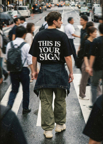 Person wearing a black t-shirt with 'THIS IS YOUR SIGN' text walking through a busy street.