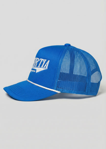 Blue mesh cap with white text on a gray background