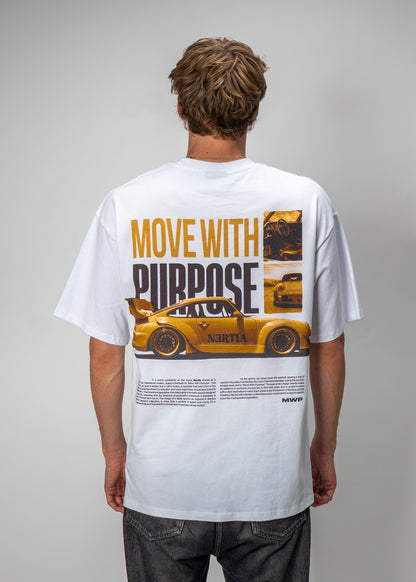 Person wearing a white t-shirt with a graphic design and text on the back.