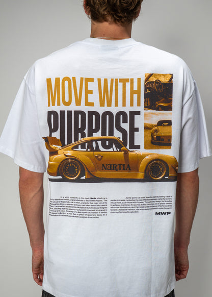 Person wearing a white t-shirt with a graphic of a car and text 'MOVE WITH PURPOSE' on a gray background