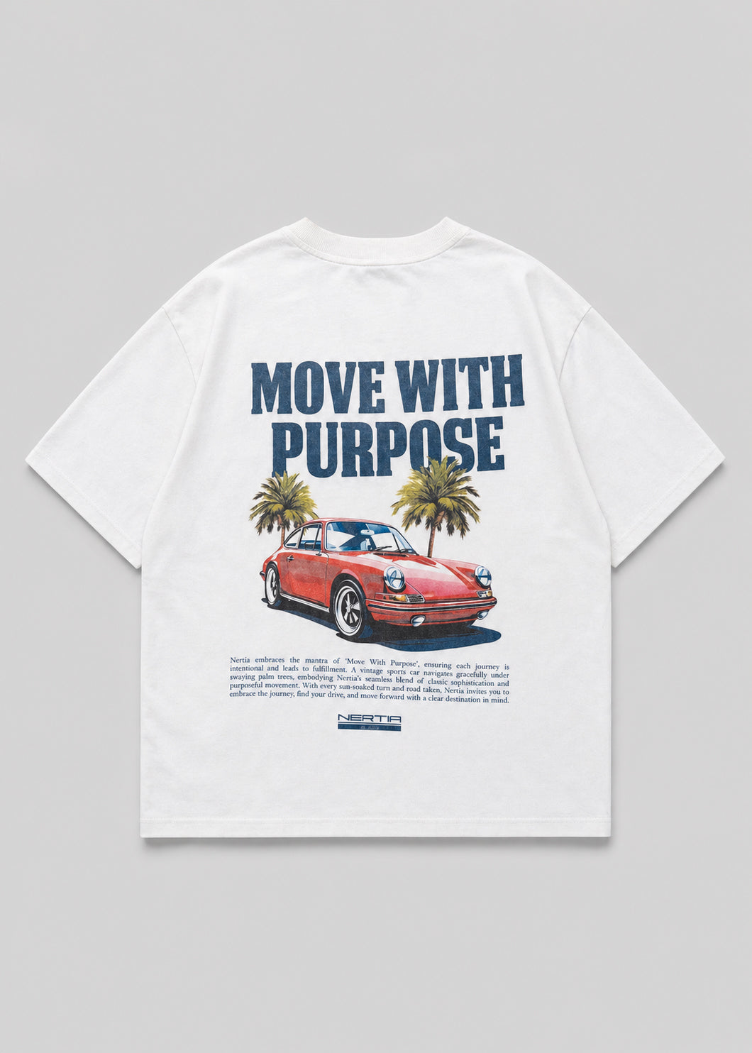 White t-shirt with a graphic of a red car and palm trees, featuring the text 'Move with Purpose' on a gray background.