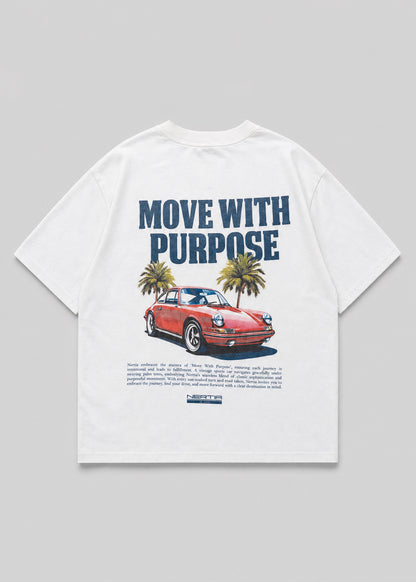White t-shirt with a graphic of a red car and palm trees, featuring the text 'Move with Purpose' on a gray background.