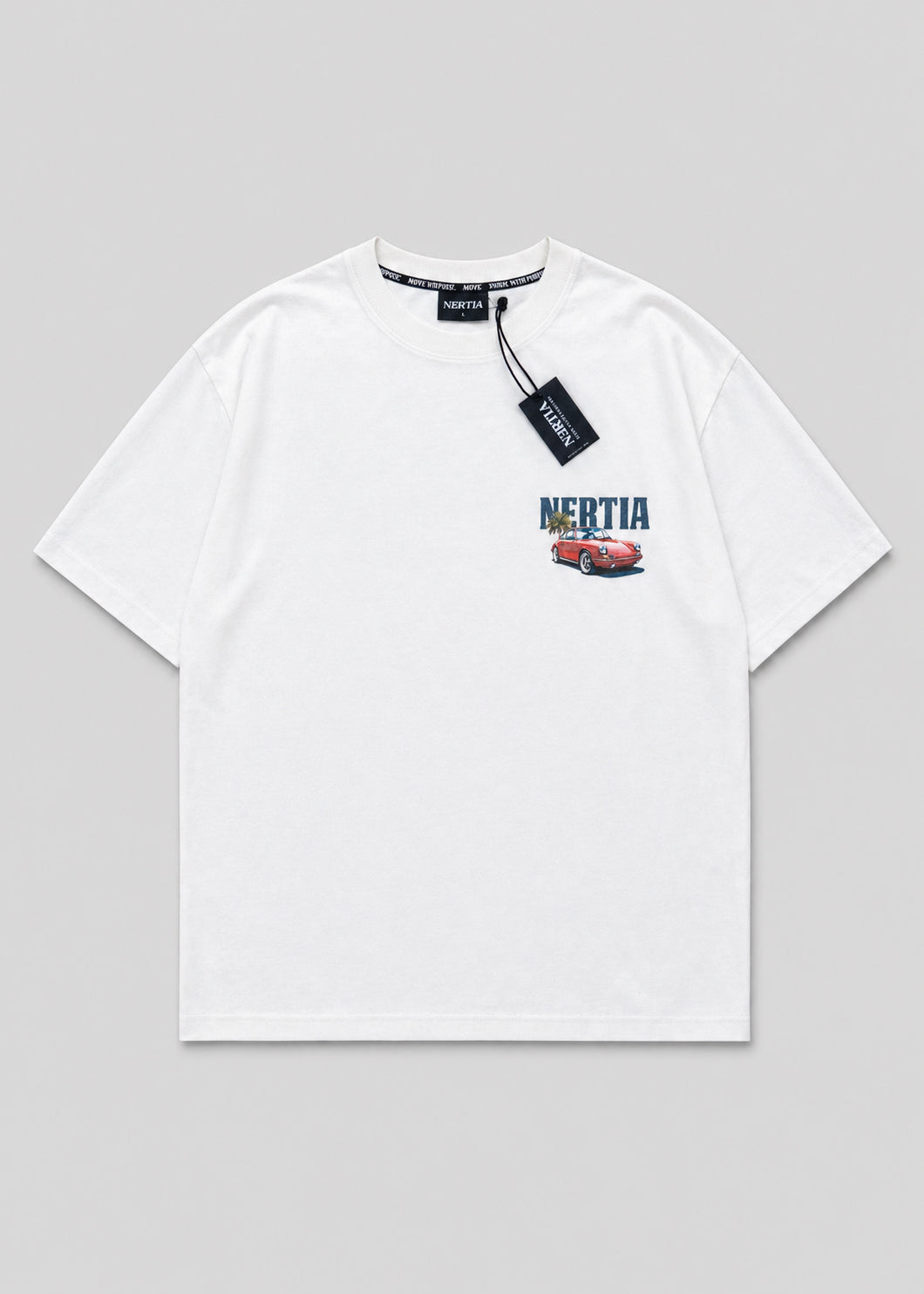 White t-shirt with brand logo and text on a gray background