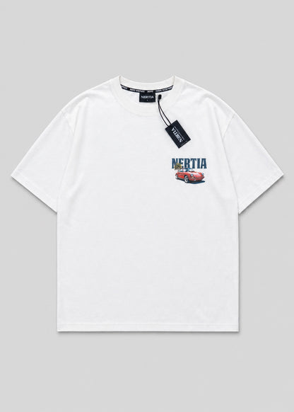 White t-shirt with brand logo and text on a gray background