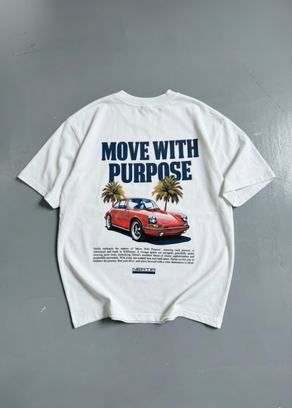 White t-shirt with a graphic of a red car and palm trees, featuring the text 'Move with Purpose' on a gray background.