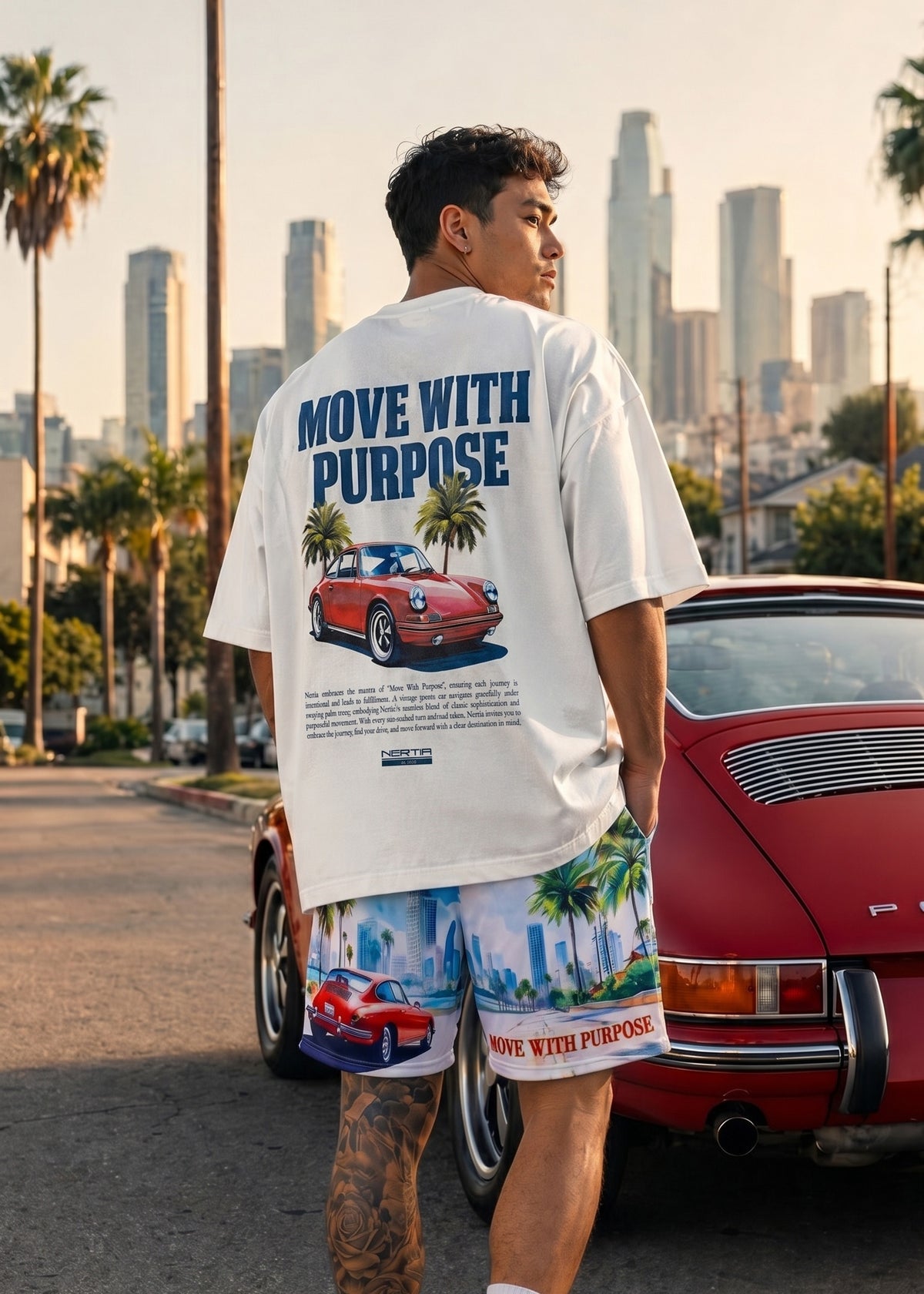Person wearing a t-shirt with 'Move with Purpose' text and graphic, standing in front of a red car with city skyline in the background.
