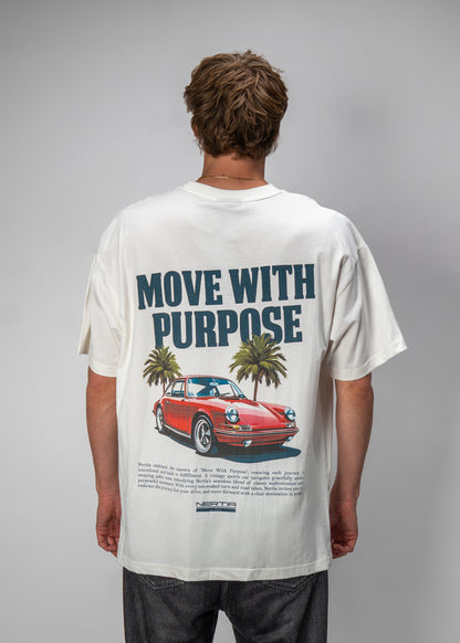 Person wearing a t-shirt with a graphic and text 'Move with Purpose' on a gray background