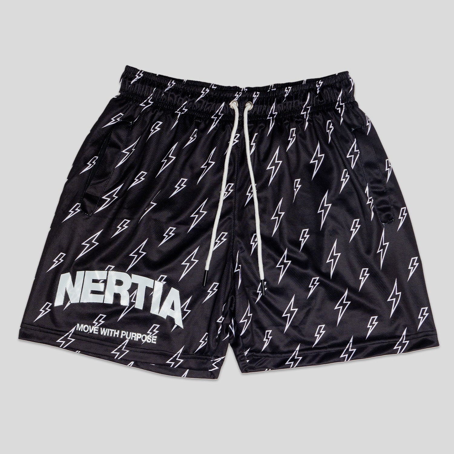 Black shorts with white lightning bolt pattern and 'Nertia' branding on a gray background