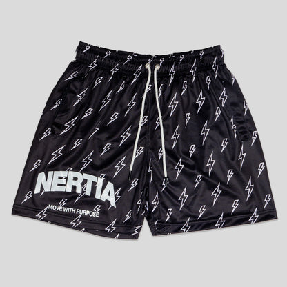 Black shorts with white lightning bolt pattern and 'Nertia' branding on a gray background