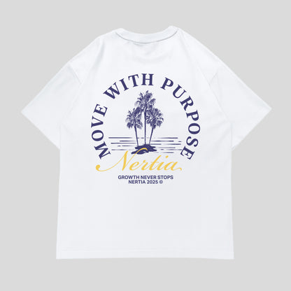 White t-shirt with 'Move with Purpose' text and palm tree design on a gray background