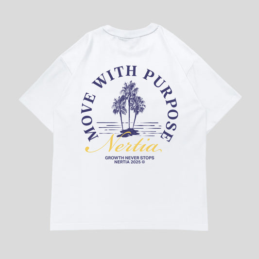 White t-shirt with 'Move with Purpose' text and palm tree design on a gray background